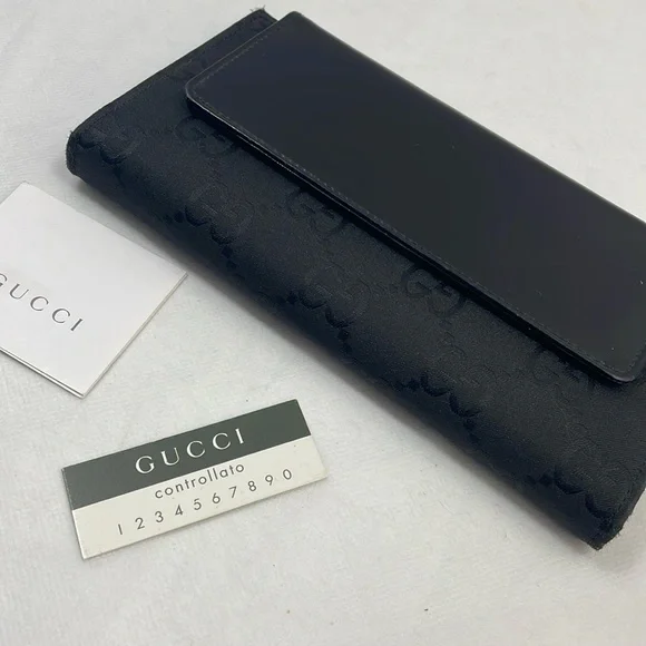 Authentic GUCCI black patent leather and canvas wallet with cards and COA